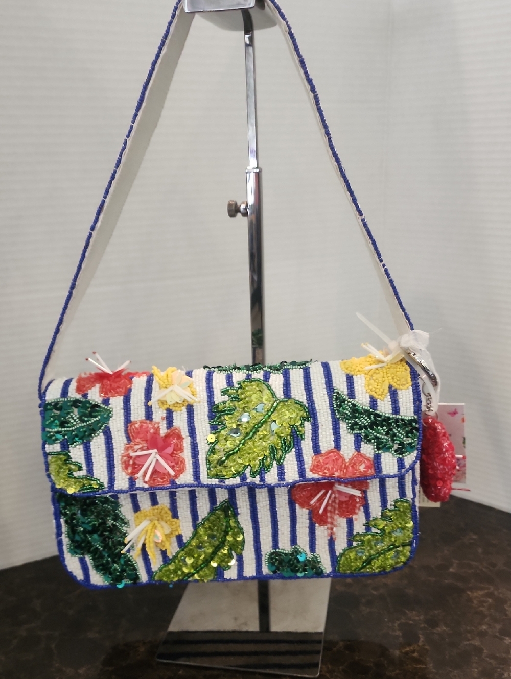 Beaded Floral Crossbody Bag in Blue & Multi